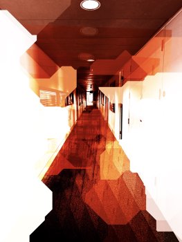 A glitchy photo looking down a long corridor, with bright walls and a dark floor and ceiling, heading eventually towards a bright light at the end. The photo has been digitally messed with so that there is a red/orange stain and bits have been randomly masked and over exposed.