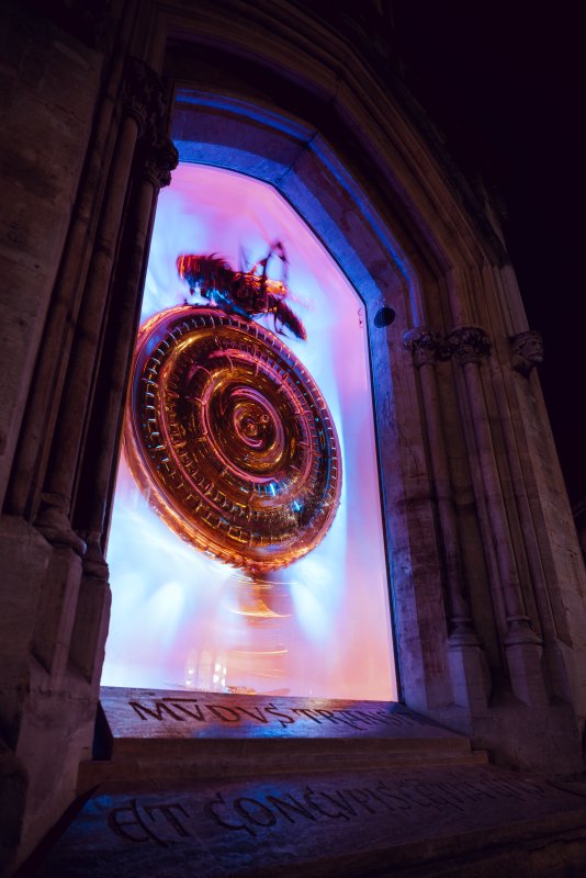 A photo of a large gold art clock taken at night, with a blurred insect statue on top of th it, and the pendulum under it blurred.