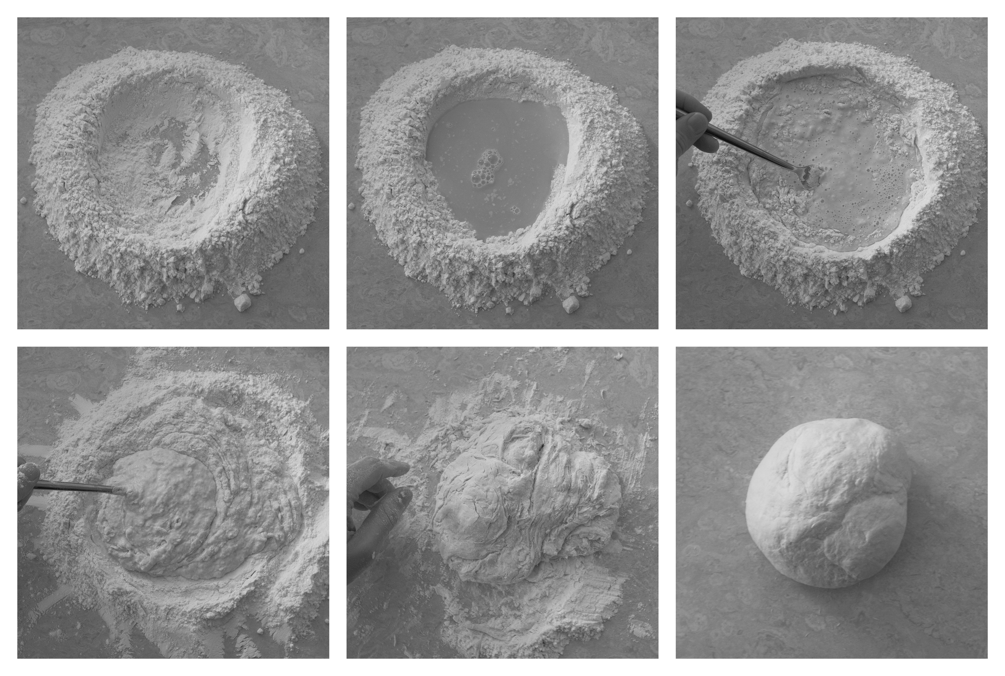 A sequence of pictures showing the flour being mixed with the water and kneeded into a dough.