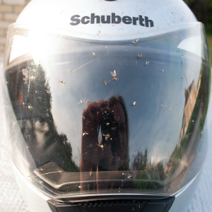 A photo of a motorcycle helmet with the visor plastered with deceased bugs.