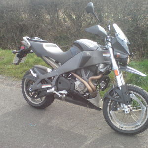 A black naked adventurish bike parked next to a hedge.