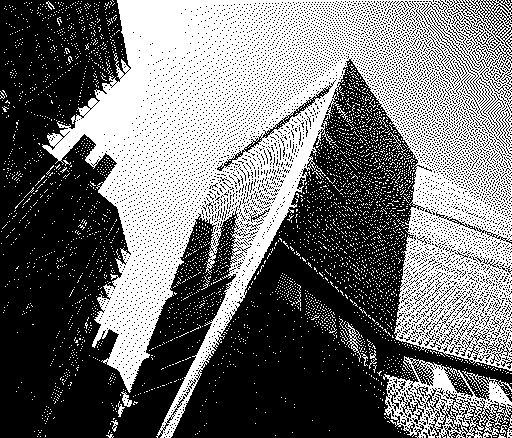 A 1-bit dithered image of Tate Modern's new wing.