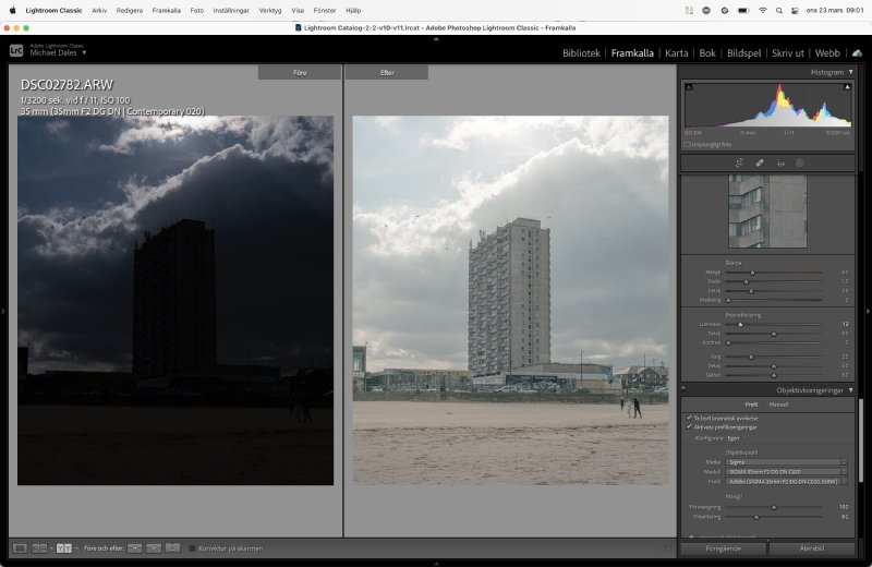 A screenshot of lightroom showing the before and after processing of a photo of a block of flats with the sun over/behind them. On the left the flats are so dark in contrast to the sun that you can see no features in them. On the right you can see the block of flats as you would normally, as the detail was still there in the RAW image file.