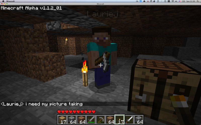 A screenshot of a minecraft player in a darkish cave with a crafting table. The game chat says: '<LaurieJ>: i need my picture taking'