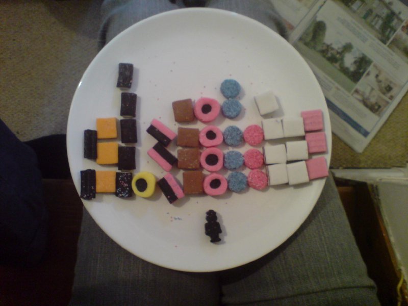 A plate of liquorice all-sorts arranged into a histogram on a plate, with a single liquorice shaped like a person at the bottom of the plate.