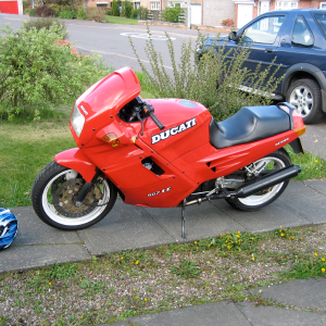 The Ducati on my parent's driveway ready for me to depart.