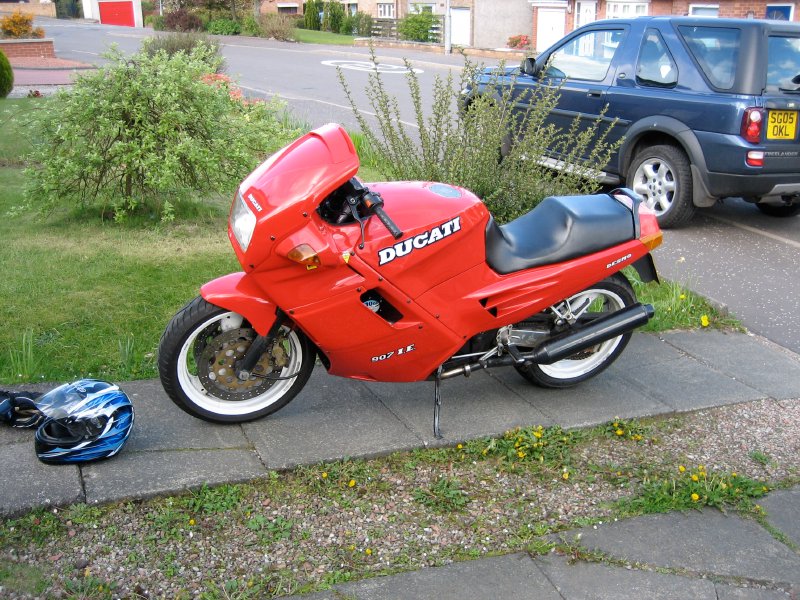 The Ducati on my parent's driveway ready for me to depart.