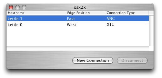 The simple osx2x window showing two connections, one on X11 and one on VNC.