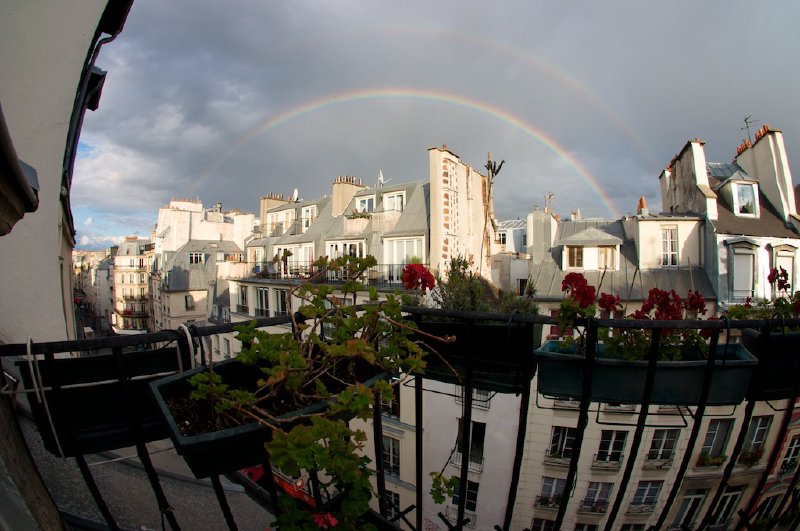 A fisheye view of a rainbow over the rooftops of the apartments opposite ours.