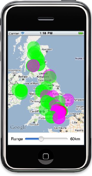 A screenshot of an iPhone app showing a map of the UK over which are laid a series of circles.