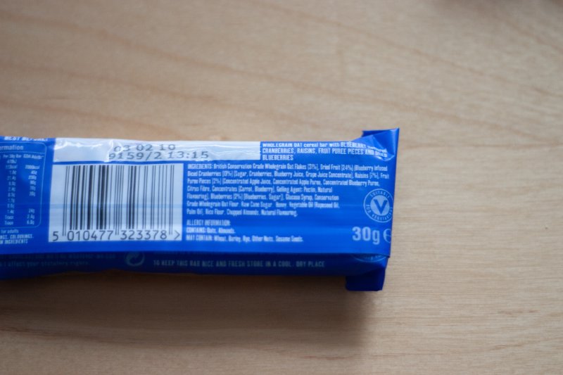 A close up view of the ingredients of the 'blueberry' Frusili bar that does not contain actual blueberries.