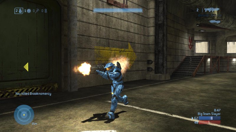 A screenshot of a blue halo spartan firing a rocket launcher whilst running down a corridor.