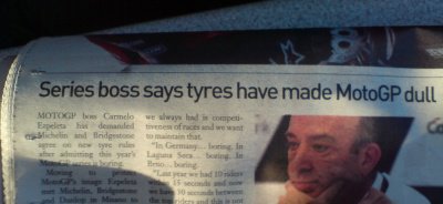 A shot of a newspaper with the headline 'Series boss says tyres have made MotoGP dull'
