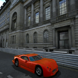 A screenshot of a blocky TVR car racing past some london buildings.