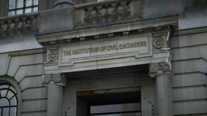 A zoom in on the buildings shows a sign reading 'The Institute for Civil Engineering' 