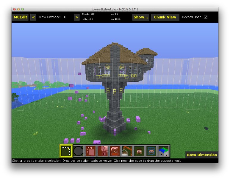 A wireframeish 3D view of my tower in MCEdit