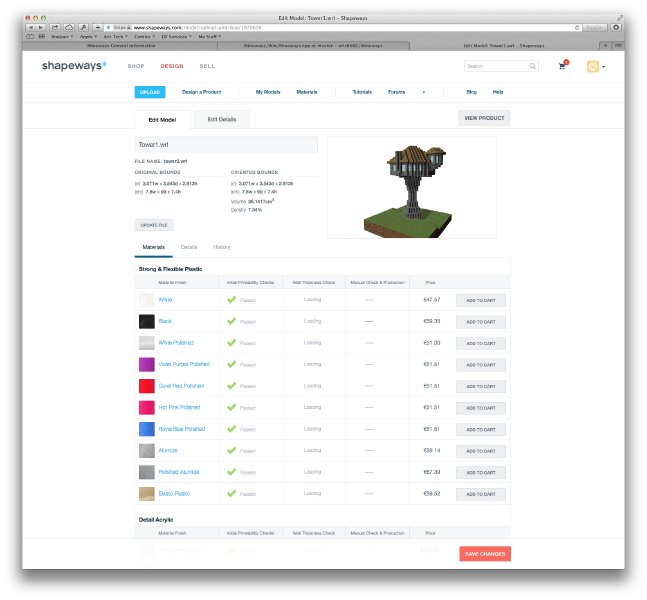 A screenshot of the shapeways website showing my model preview along with checks of the model correctness that have passed.