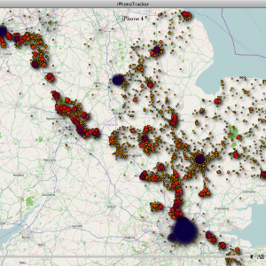 A map of the middle of the UK showing lots od dots clustered around the line between London and Liverpool and then all around the norfolk.