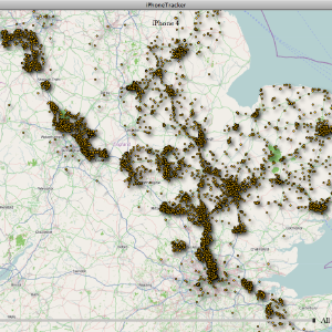 A map of the middle of the UK showing lots od dots clustered around the line between London and Liverpool and then all around the norfolk.