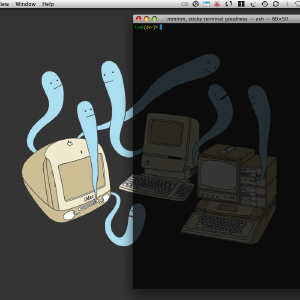A Mac OS X desktop screenshot, showing just a terminal open. The desktop background image is that of some friendly ghosts emerging from old Apple computers.