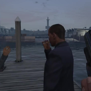 A screenshot of GTA V showing a man  and a woman smoking on  a pier.