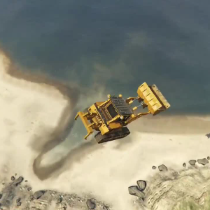 A screenshot from GTA V showing a digger high in the air above an ocean.