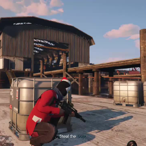 A screenshot from GTA V of a penguin in a red suit hiding behind a box, whilst santa drives off a pier.