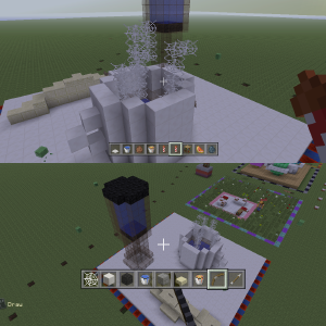 A screenshot of minecraft being played two player split screen, both players looking at a scene built of a coffee cup and an aeropress and a very crude redition of a croissant.