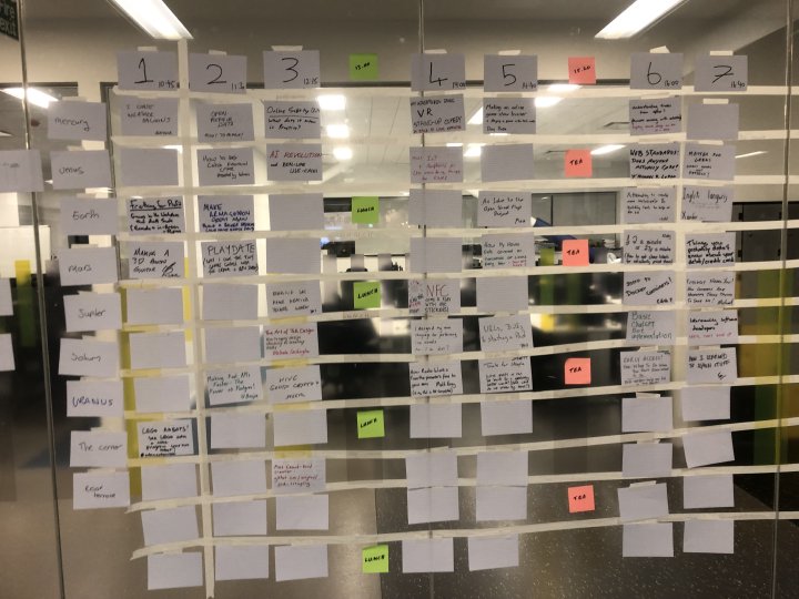 A photo of a 7x8 grid on a glass wall made with masking tape, and in wach slot is a postcard, on which the majority of which have a talk title scribbled in, covering topics like "How to give a talk", "Web standards", "3D printing a guitar", "Playdate" and so forth.