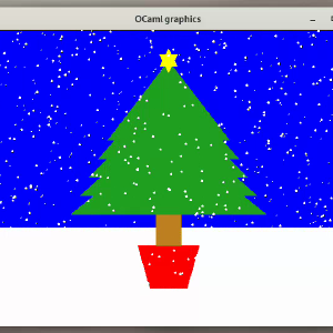 A screenshot of a window in which a very crude xmas tree has been drawn using basic polygon graphics, and there is snow falling from the sky.