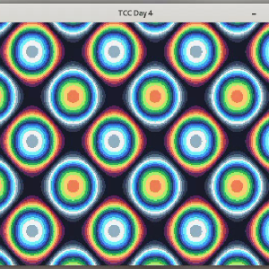 A screen capture of a window showing a 2D sine wave interference pattern that's scrolling down the window, and it flicks between three colour palettes: on basic VGA colours, one pastal colours, and one vibrant rainbow colours.