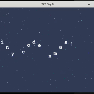 A video of a window showing some scrolling text along a sine wave that says "hello, tiny code xmas!" over a simple scrolling star field.