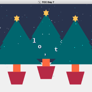 A screen capture of a window showing some basic vector xmas trees with flashing stars on top, and snow falling over them, with the "hello, tiny code xmas!" words sine-ing their way through the trees.