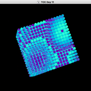 A video of a window showing a rotating cube made up of tiny balls, that occasionally pops wider to show the inner cubes. Each cube is coloured purple through cyan, and the colours change in a plasma pattern.