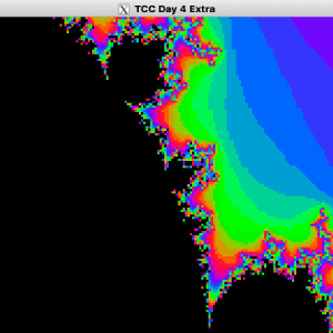 A video of a window showing a low resolution Mandelbrot fractal zoom in and out whilst spinning around.