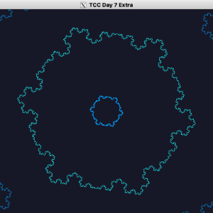 A window showing a series of ever expanding kock fractal outline snowflakes.