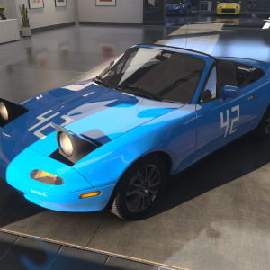 An almost photorealistic screenshot of Forza Motorsport showing a blue first generation Mazda MX-5 parked in a posh garage. The car has the number 42 painted on the doors and bonnet.
