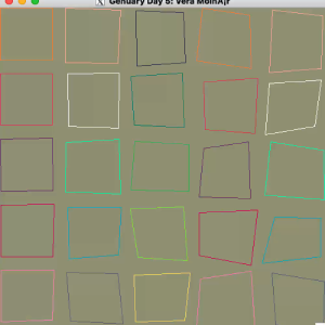 A video of a square window in which a 5 by 5 grid of squares are being drawn in different colours. over time each square is redrawn over the previous ones, with increasing amounts of randomness, so you get a slow thickening of the square. Periodically it resets and starts again just with different colours.