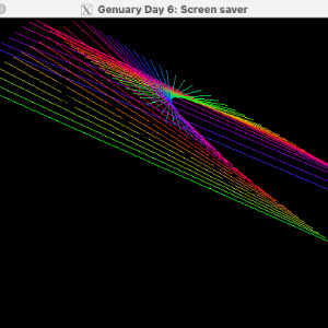 A video of a window showing a line that sweeps back and forth leaving a trail that is slowly cleaned up. Each line is a different colour, and as the ends of the line hit the sides of the window they bounce off, so the lines fold over each other.