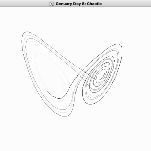 A video showing an evolving pattern where a line is being drawn with the line swirling around one of two points and occasionally switching from one to the other. Over time the trail left by the line fades away.