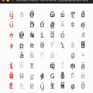 A video of a square window with the titlebar "Genuary 20/23 Generative Typography and 8x8". In the window is an 8 by 8 grid of letters randomly coming in and fading out quickly, and one of the columns is always red, and the red colour slowly moves column to column over time.