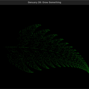 A video of a black window in which over time a fern leaf is rendered, a pixel at a time. The pixel within the fern leaf appear at random, and slowly fade out, so you can see over time how the algorithm is filling in the leaf.
