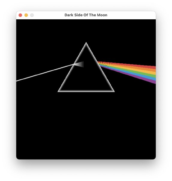 A screenshot of a square window titled 'Dark Side Of The Moon', in which is drawn the iconic Pink Floyd album cover of light striking a triangular prism and a rainbow appearing out the other side.