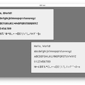 A screenshot of a window in which there is some bits that look like they're from an 80s Mac: black and white differed background texture, and a white rectangle in which is written 'Hello, World!' and then the alphabet in lower and upcase, all the numbers, and a bunch of symbols, all rendered using the old Mac Chicago font.