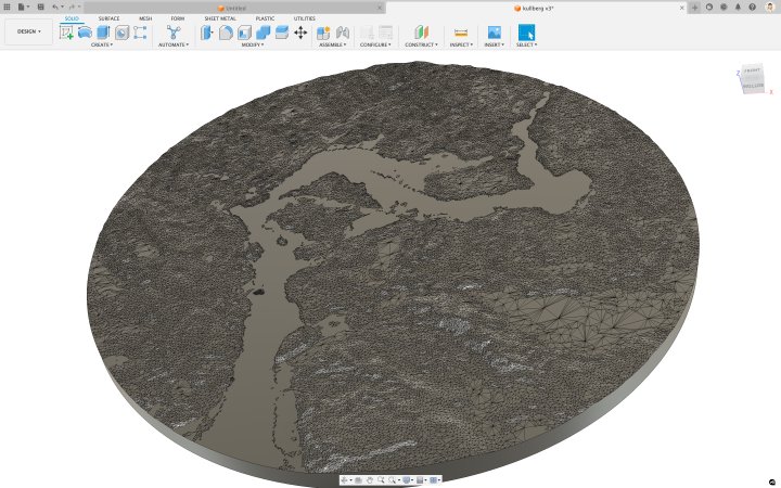 A screenshot of a circular 3D-model showing an area of landscape. There is a river flowing through the landscape with some islands in it.