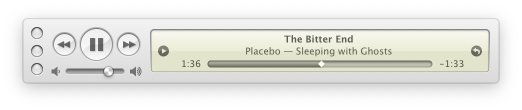 A screenshot of a macOS app that looks like the old brushed metal iTunes mini player in Mac OS X Tiger.