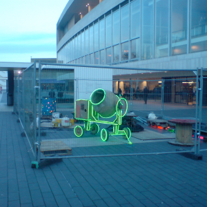 A photo of a cement-mixer that has had green neon lights added around it to emphesise its outline.